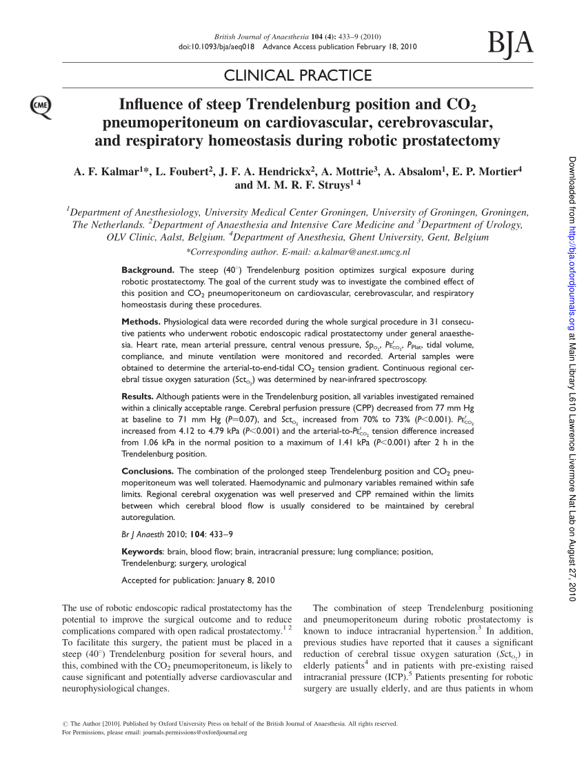 Pdf Influence Of Steep Trendelenburg Position And Co 2