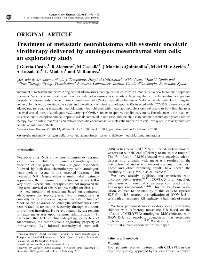 Pdf Treatment Of Metastatic Neuroblastoma With Systemic Oncolytic Virotherapy Delivered By Autologous Mesenchymal Stem Cells An Exploratory Study