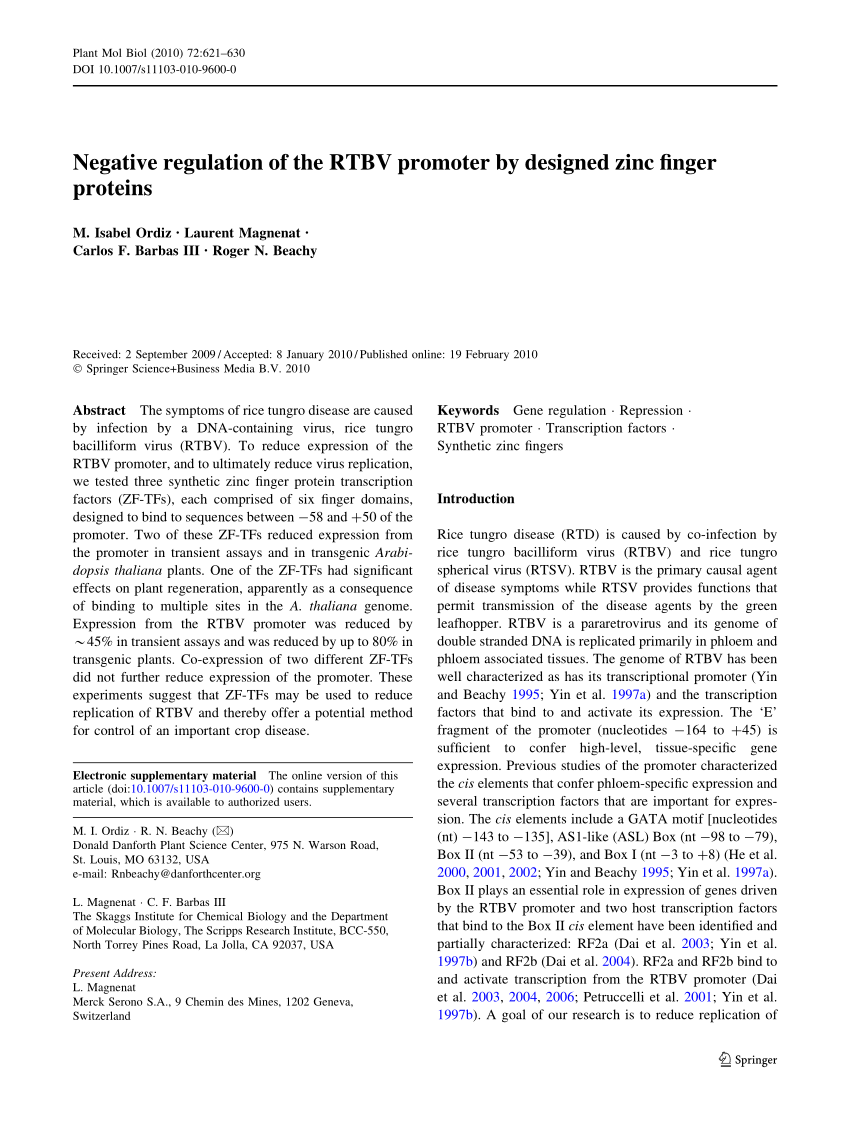 (PDF) Negative regulation of the RTBV promoter by designed zinc finger