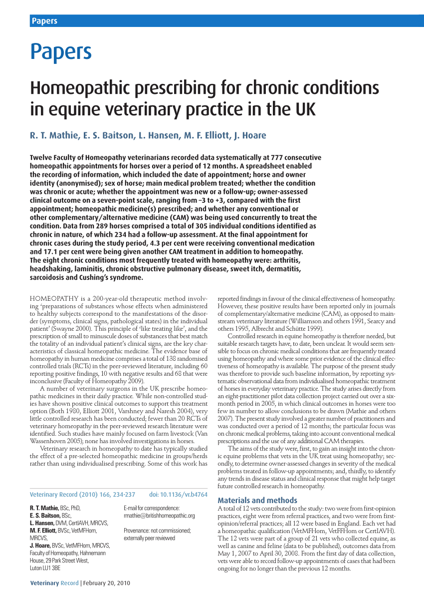 PDF) Homeopathic prescribing for chronic conditions in equine veterinary practice in the UK image