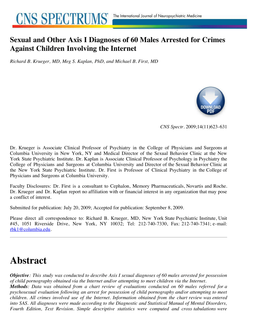 PDF) Sexual and Other Axis I Diagnoses of 60 Males Arrested for Crimes Against Children Involving the Internet picture