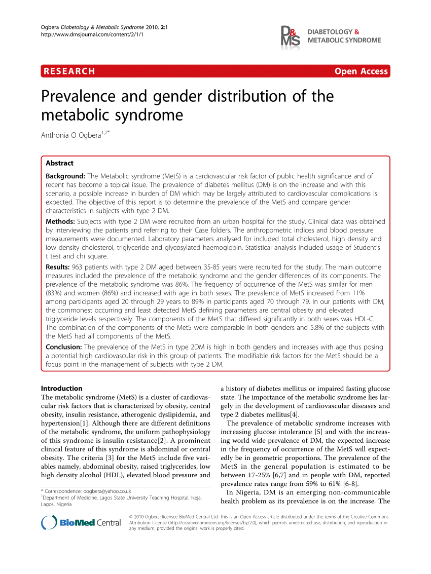 Pdf Prevalence And Gender Distribution Of The Metabolic Syndrome 1941