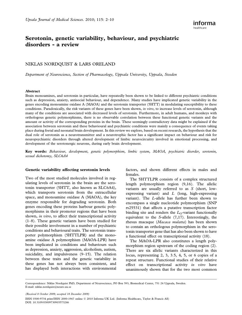 PDF Serotonin genetic variability behaviour and psychiatric  