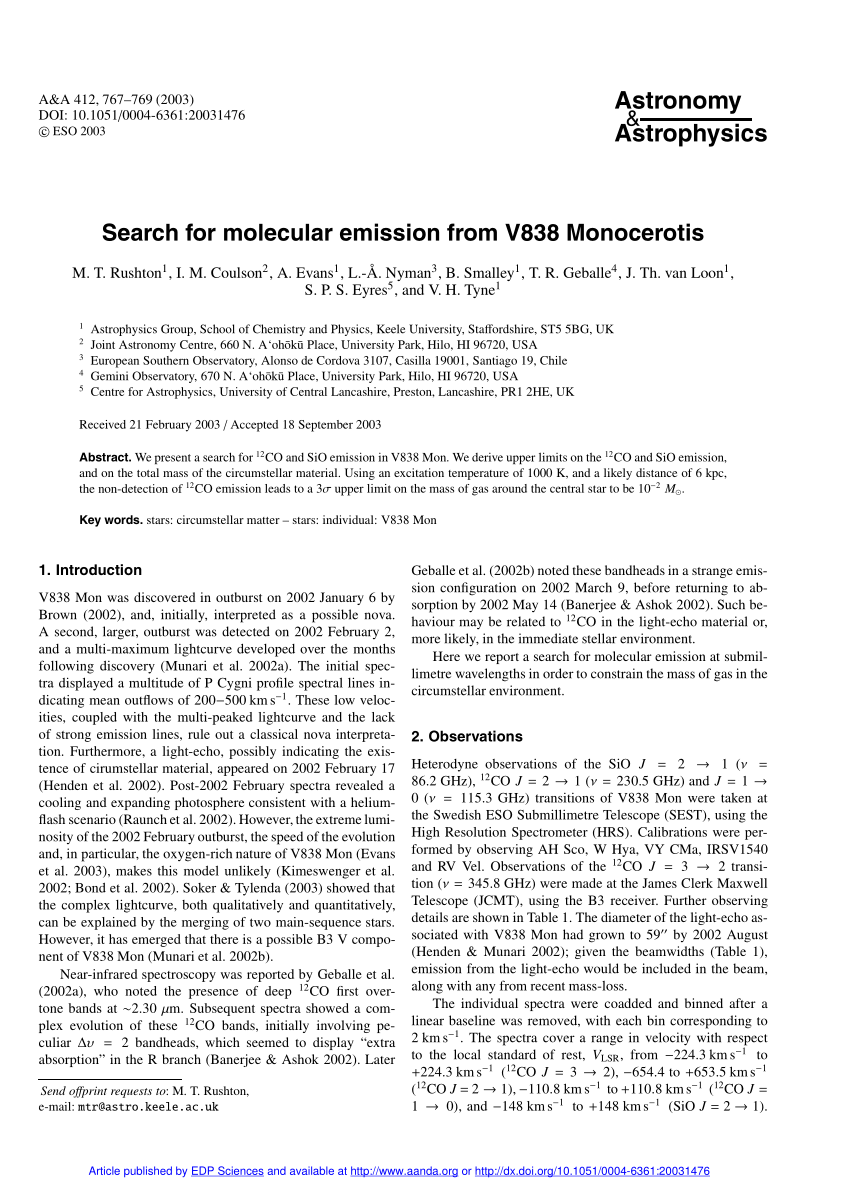 Pdf Search For Molecular Emission From V8 Monocerotis