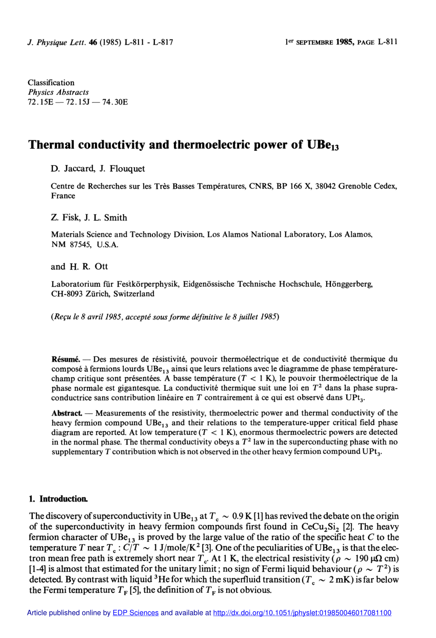 Pdf Thermal Conductivity And Thermoelectric Power Of Ube13
