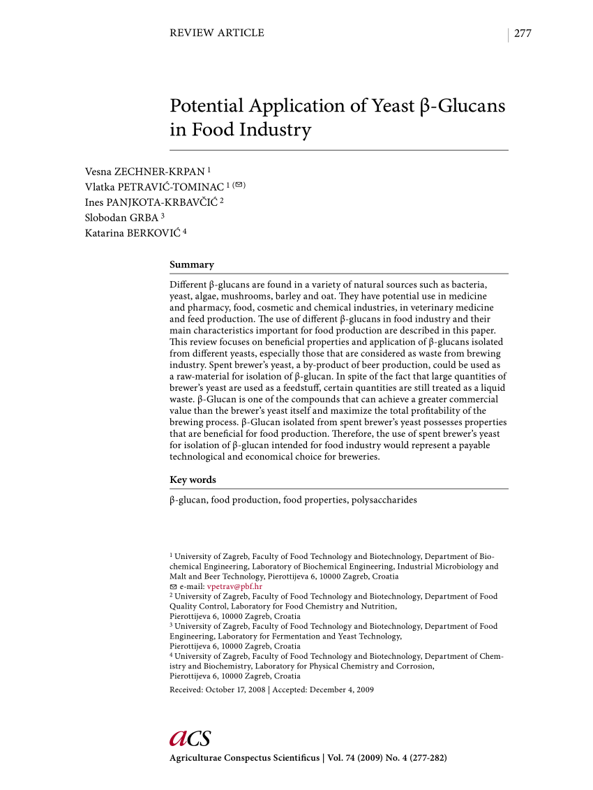 Pdf Potential Application Of Yeast B Glucans In Food Industry