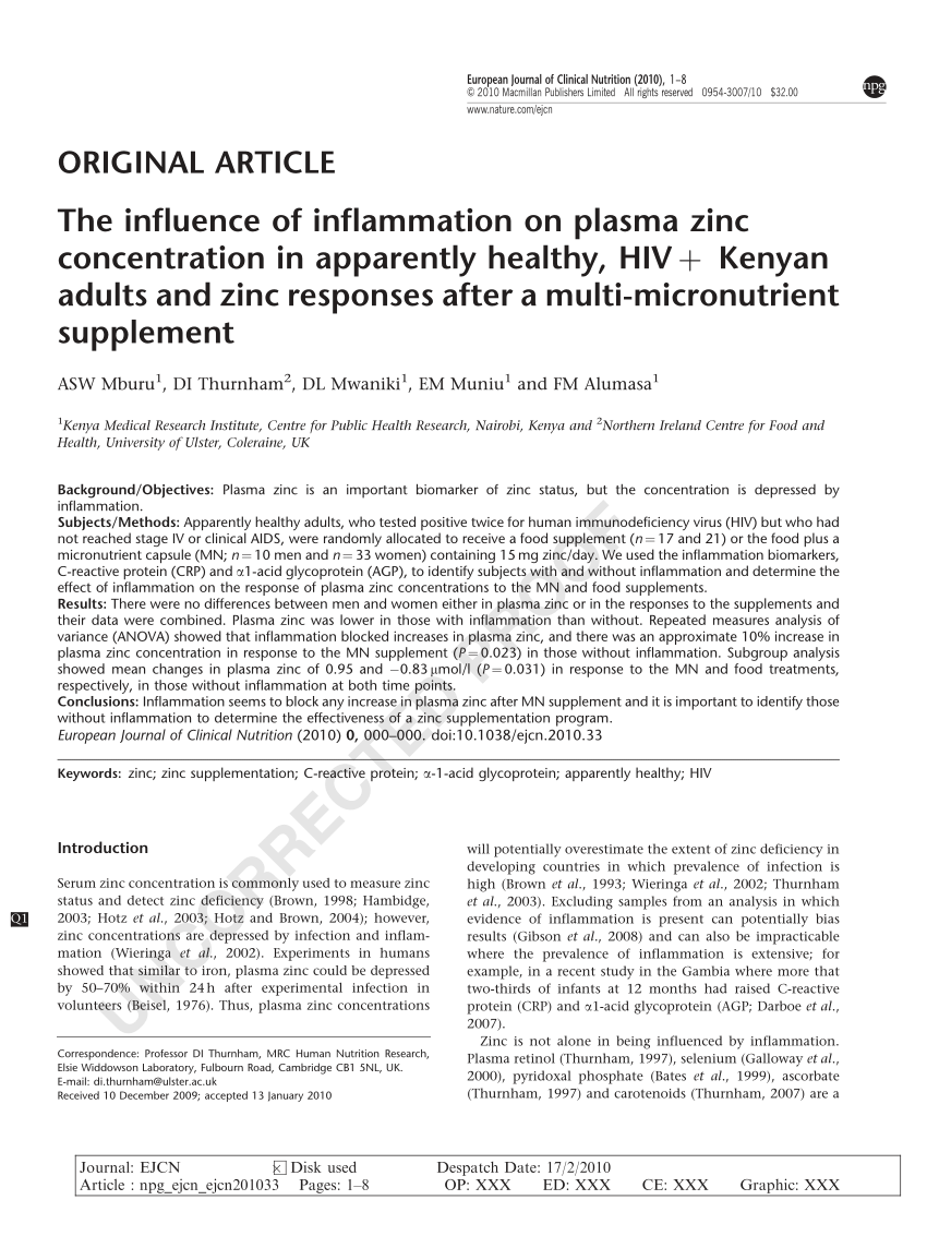 Pdf The Influence Of Inflammation On Plasma Zinc Concentration In Apparently Healthy Hiv Kenyan Adults And Zinc Responses After A Multi Micronutrient Supplement
