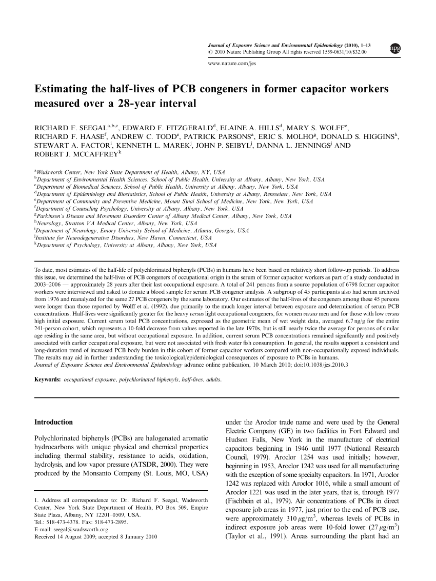 Pdf Estimating The Half Lives Of Pcb Congeners In Former Capacitor Workers Measured Over A 28 Year Interval