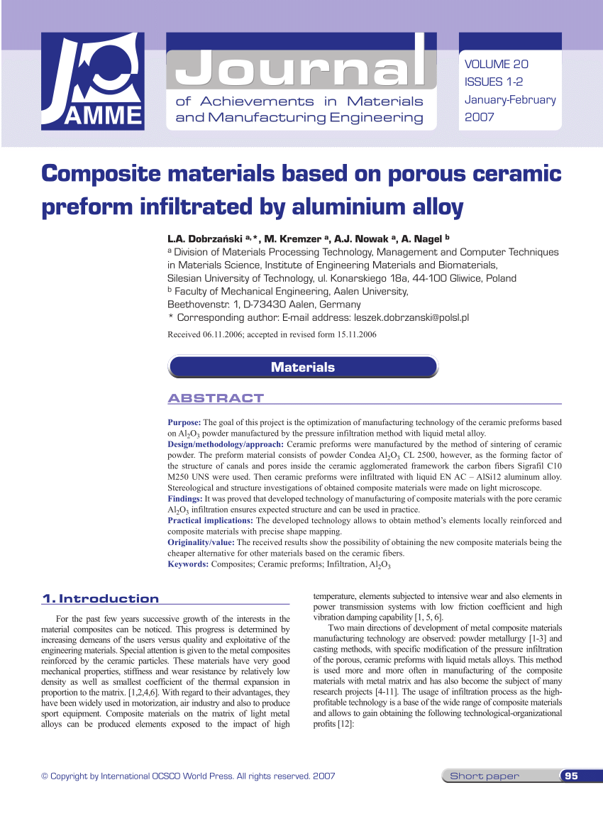 absolutte ale værst PDF) Composite materials based on porous ceramic preform infiltrated by  aluminium alloy