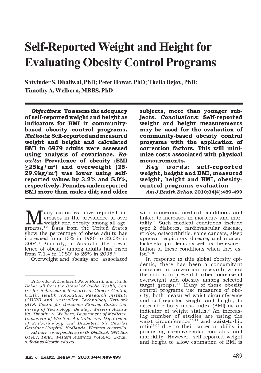 Pdf Self Reported Weight And Height For Evaluating Obesity