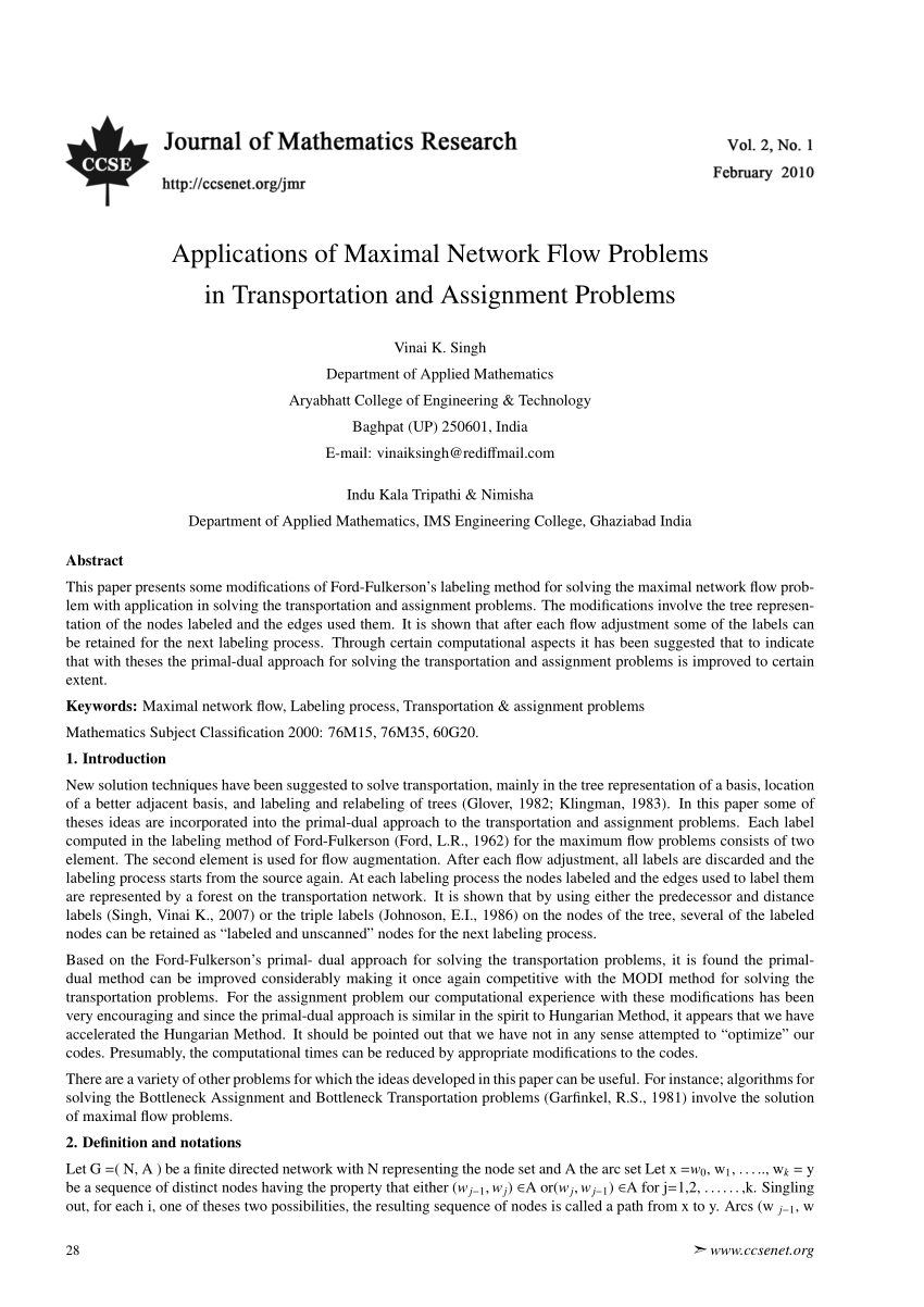 Pdf Applications Of Maximal Network Flow Problems In Transportation And Assignment Problems