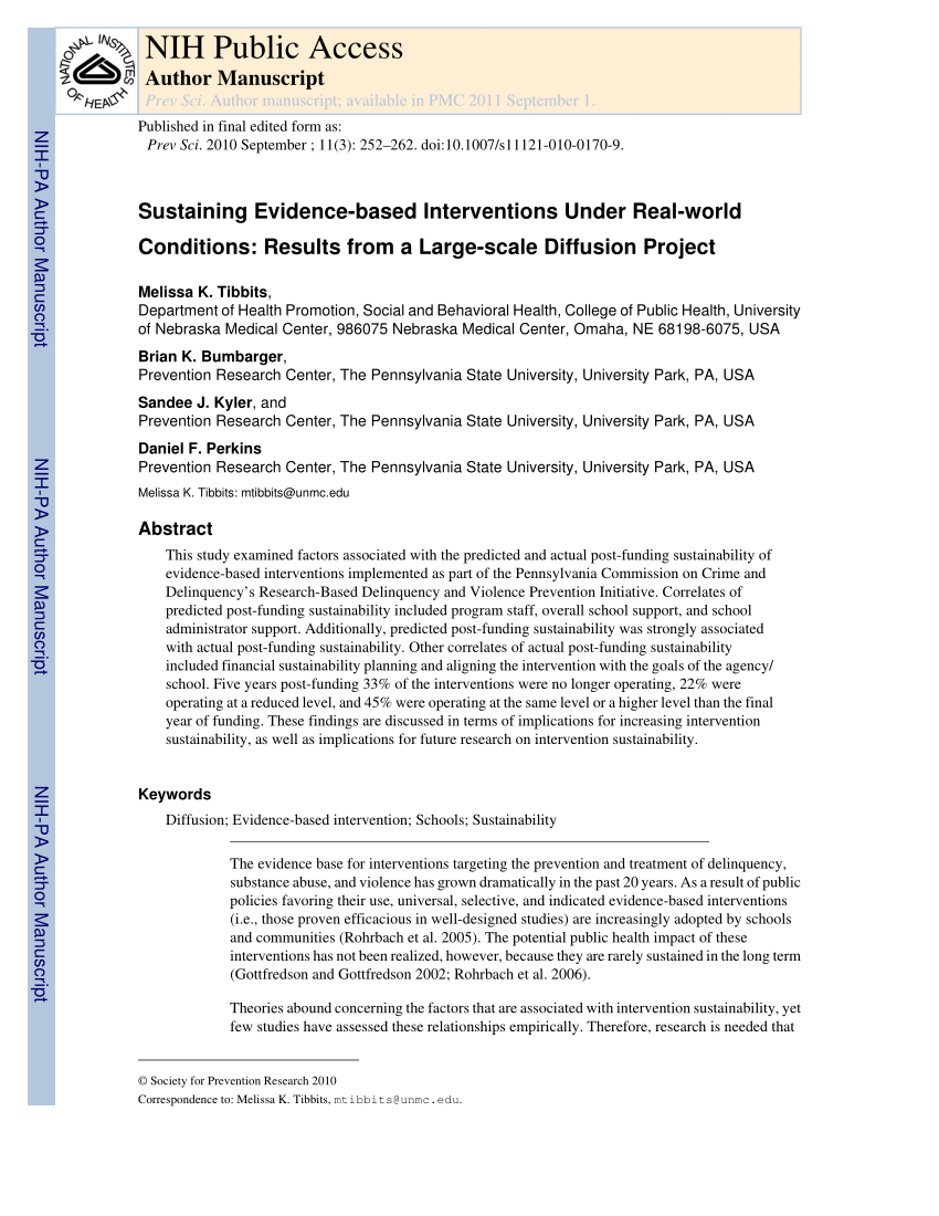 (PDF) Sustaining Evidencebased Interventions Under Realworld
