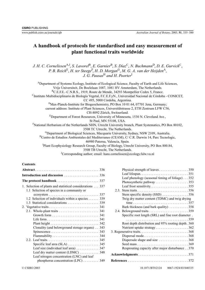 Pdf Handbook Of Protocols For Standardised And Easy Measurement