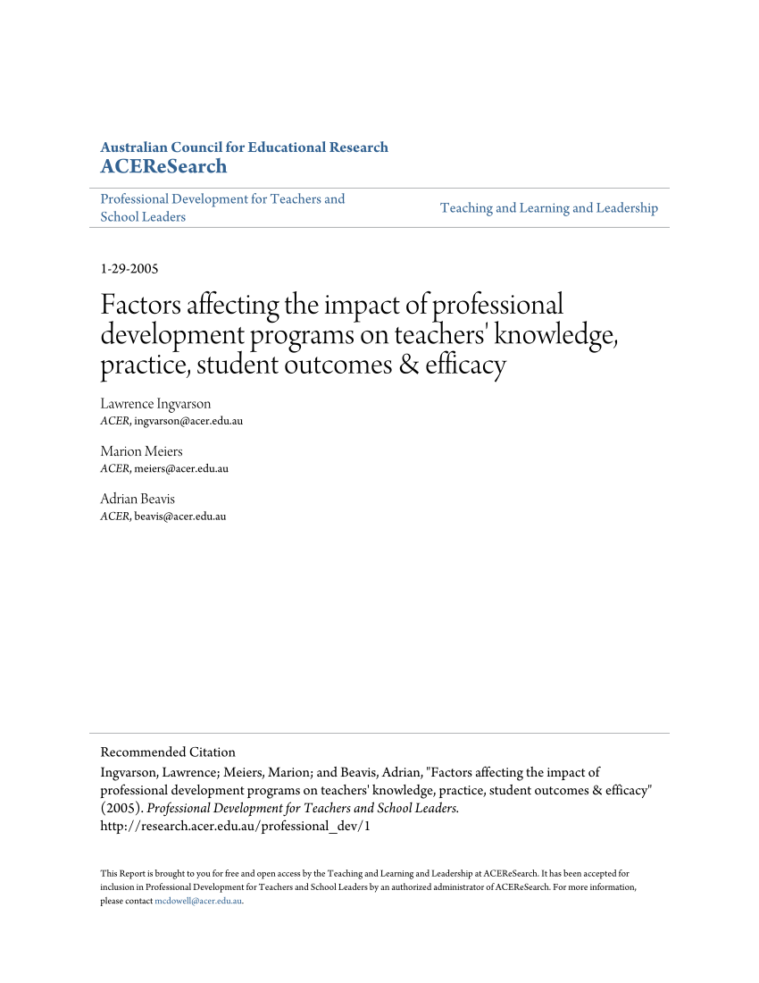 Pdf Factors Affecting The Impact Of Professional Development Programs On Teachers Knowledge Practice Student Outcomes Efficacy