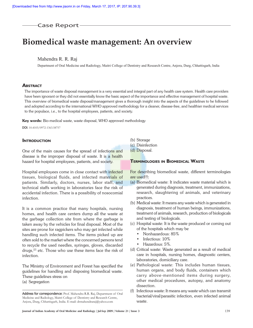 biomedical waste management research papers pdf