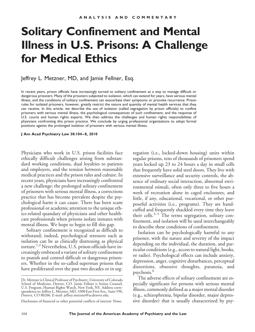 Pdf Solitary Confinement And Mental Illness In Us Prisons A Challenge For Medical Ethics 3806