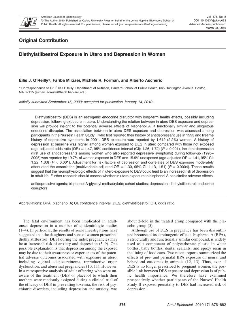 Pdf Diethylstilbestrol Exposure In Utero And Depression In Women 2700