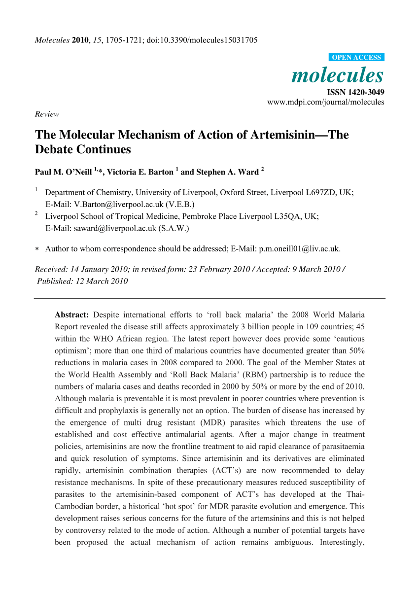 Pdf The Molecular Mechanism Of Action Of Artemisinin The Debate Continues