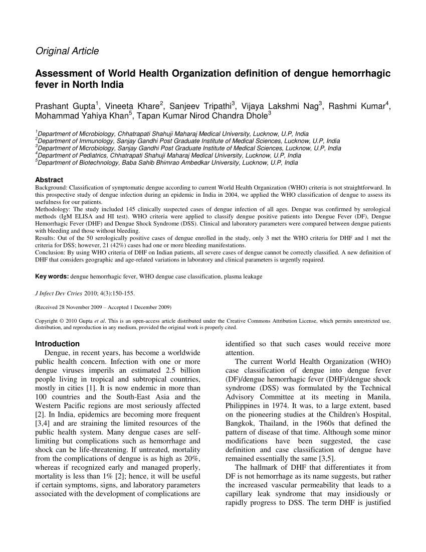 pdf) assessment of world health organization definition of dengue
