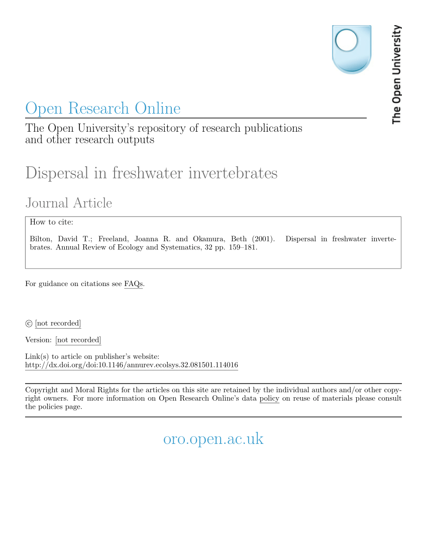 (PDF) Dispersal in Freshwater Invertebrates