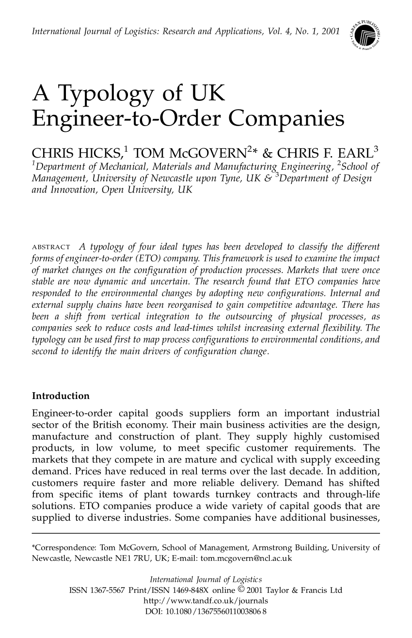 Pdf A Typology Of Uk Engineer To Order Companies