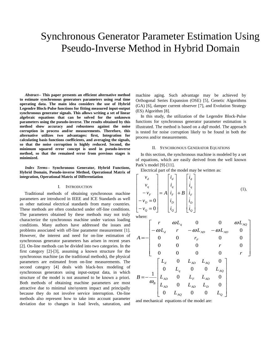 Pdf Synchronous Generator Parameter Estimation Using Pseudo