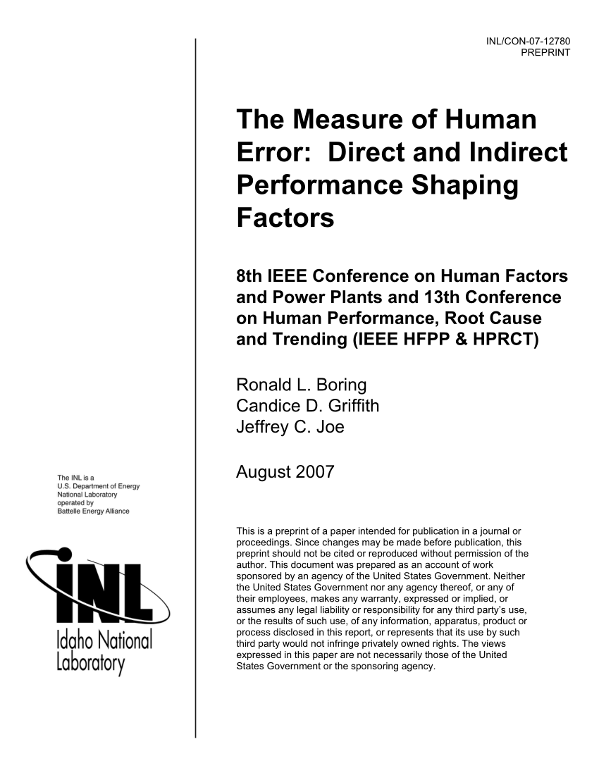 Pdf The Measure Of Human Error Direct And Indirect Performance Shaping Factors