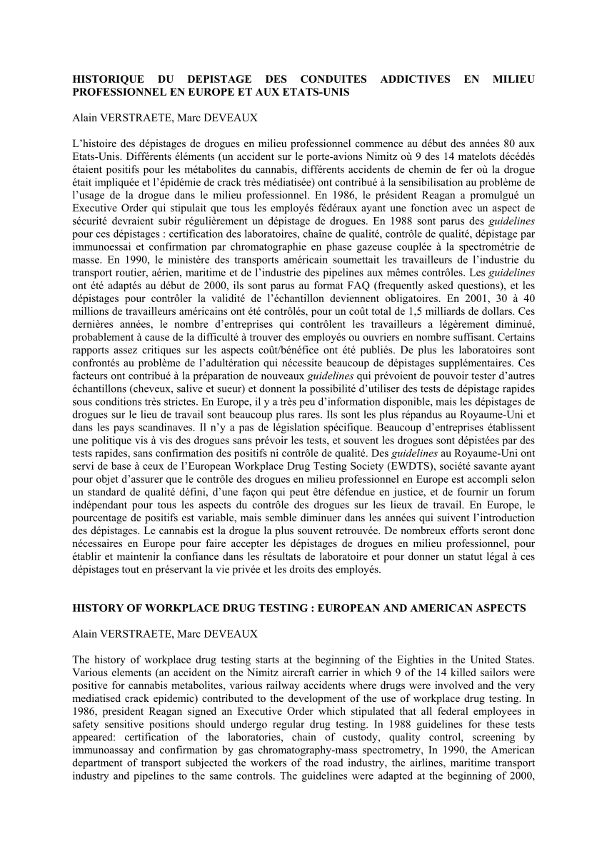 PDF) Historique du dépistage des conduites addictives en milieu  professionnel en Europe et aux États-Unis