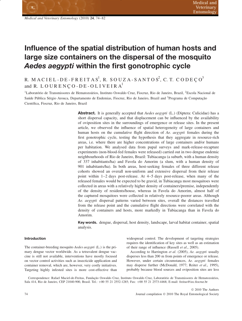 Pdf Influence Of The Spatial Distribution Of Human Hosts And Large Size Containers On The Dispersal Of The Mosquito Aedes Aegypti Within The First Gonotrophic Cycle