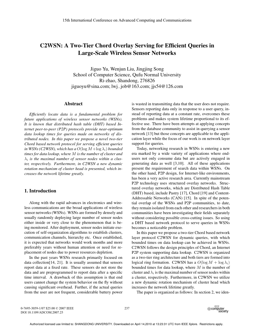 Pdf C2wsn A Two Tier Chord Overlay Serving For Efficient Queries In Large Scale Wireless Sensor Networks