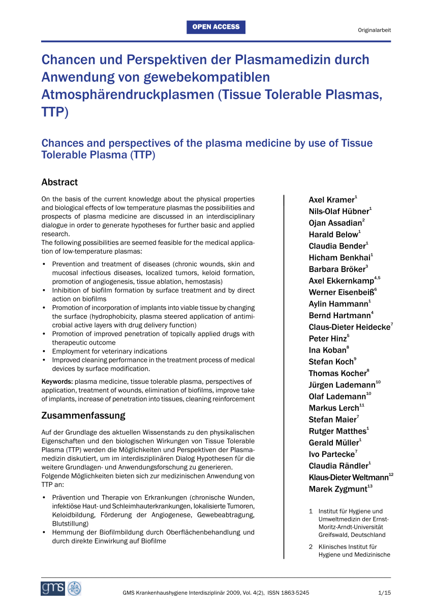 Pdf Chances And Perspectives Of The Plasma Medicine By Use Of Tissue Tolerable Plasma Ttp