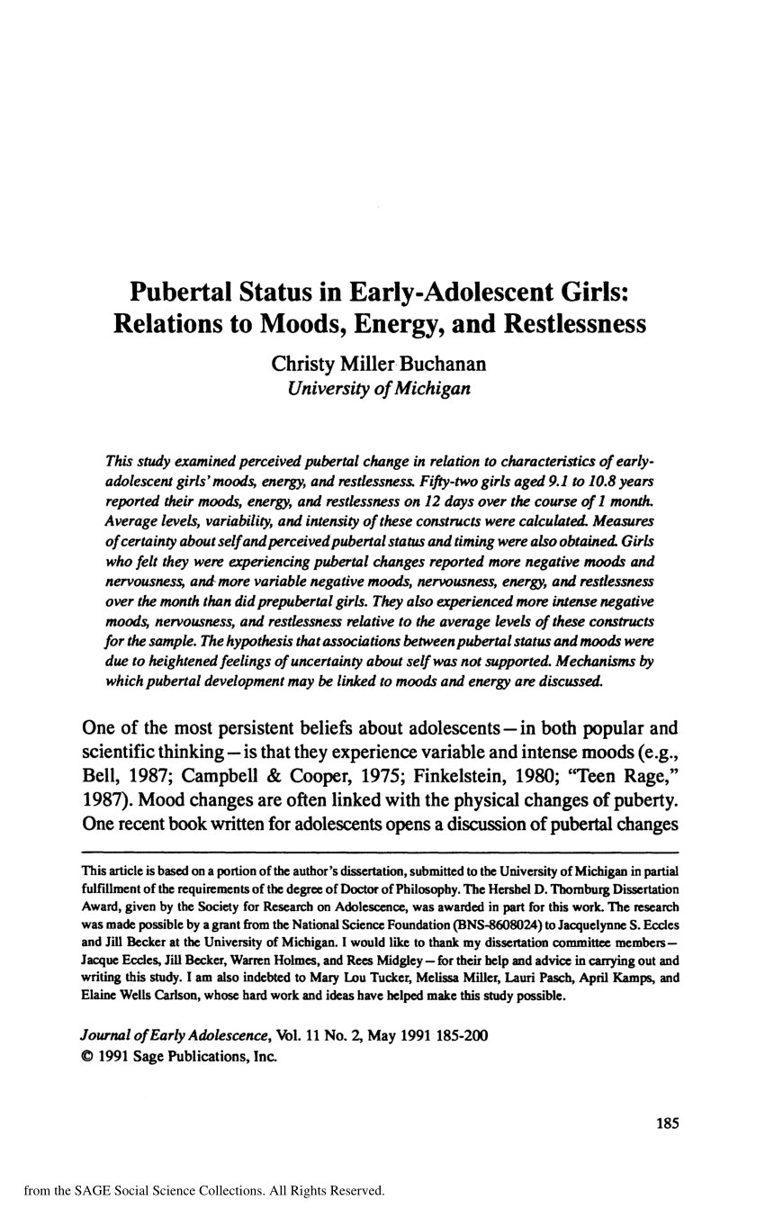 Pdf Pubertal Status In Early Adolescent Girls Relations To Moods Energy And Restlessness