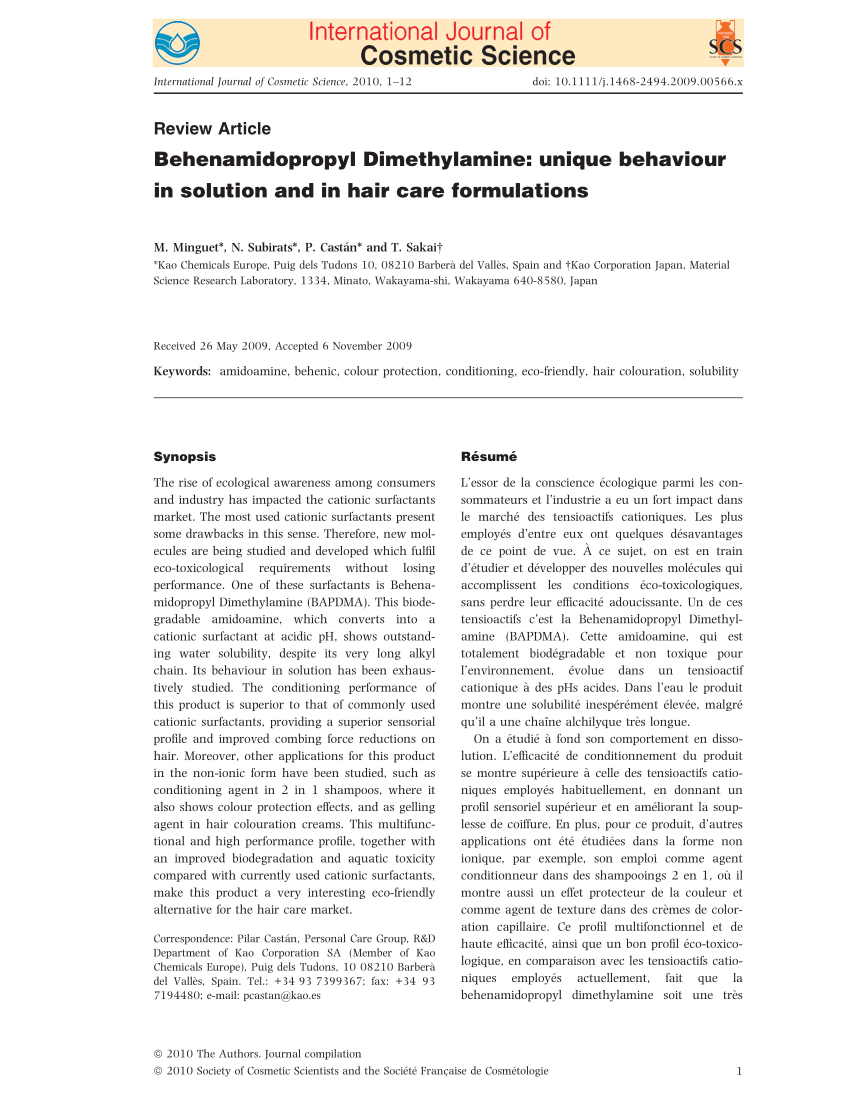 Pdf Behenamidopropyl Dimethylamine Unique Behaviour In Solution And In Hair Care Formulations