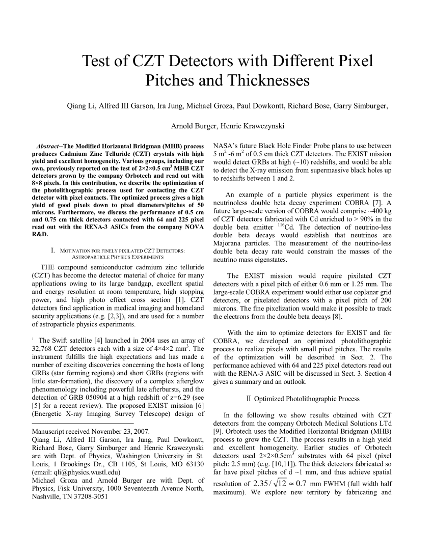 (PDF) Test of CZT detectors with different pixel pitches ...