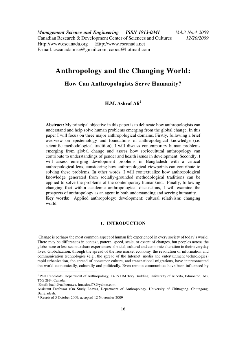 PDF) Anthropology and the Changing World: How Can Anthropologists