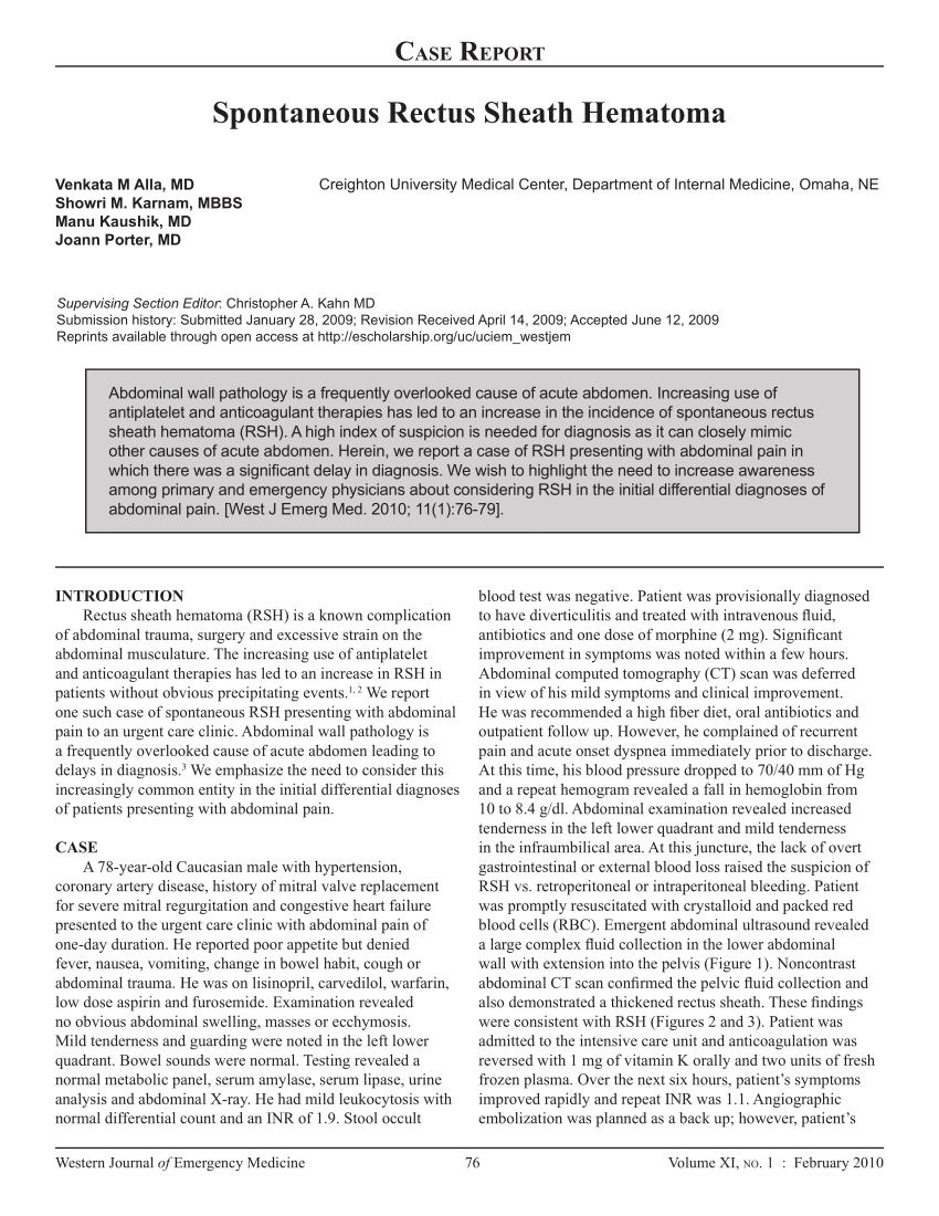 Pdf Spontaneous Rectus Sheath Hematoma