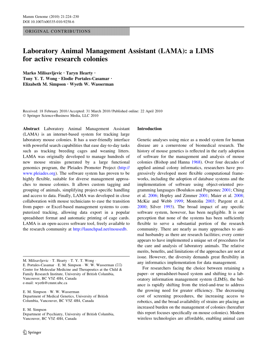 PDF) Laboratory Animal Management Assistant (LAMA): a LIMS for active  research colonies