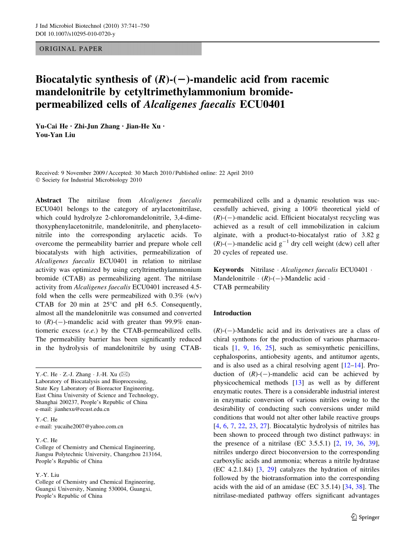 Pdf Biocatalytic Synthesis Of R 2 Mandelic Acid From Racemic Mandelonitrile By Cetyltrimethylammonium Bromidepermeabilized Cells Of Alcaligenes Faecalis Ecu0401