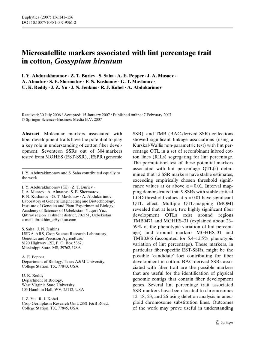 Pdf Microsatellite Markers Associated With Lint Percentage Trait In Cotton Gossypium Hirsutum
