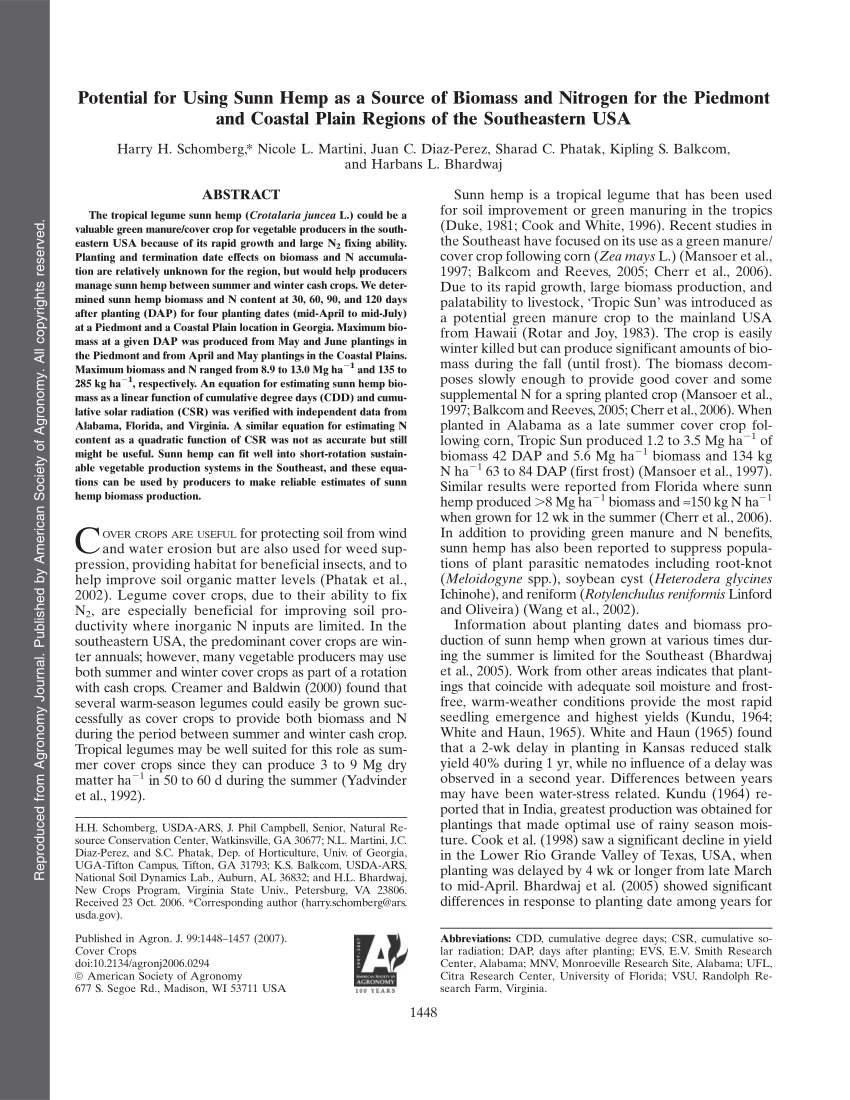 Pdf Potential For Using Sunn Hemp As A Source Of Biomass And Nitrogen For The Piedmont And Coastal Plain Regions Of The Southeastern Usa