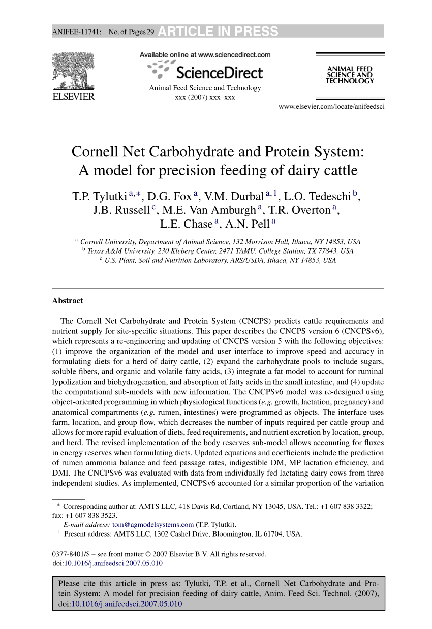 Pdf Cornell Net Carbohydrate And Protein System A Model For Precision Feeding Of Dairy Cattle