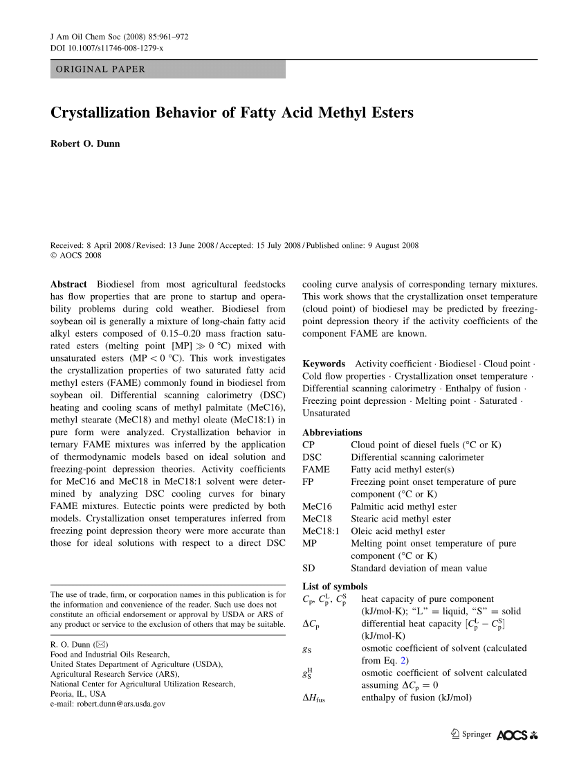 Pdf Crystallization Behavior Of Fatty Acid Methyl Esters