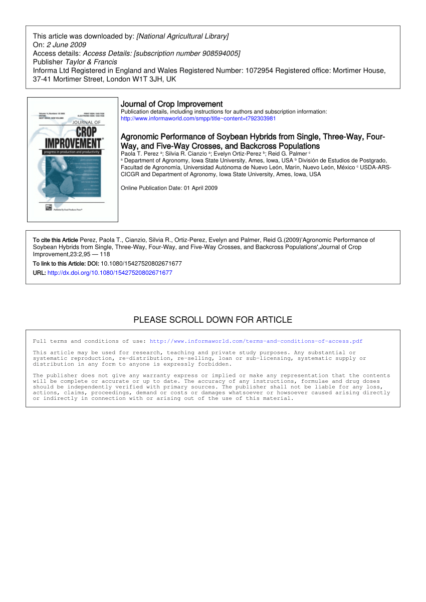 PDF) Agronomic Performance of Soybean Hybrids from Single, Three-Way,  Four-Way, and Five-Way Crosses, and Backcross Populations