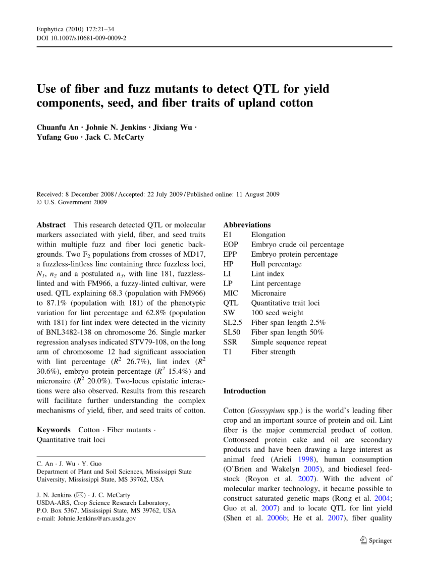 PDF) Use of fiber and fuzz mutants to detect QTL for yield 