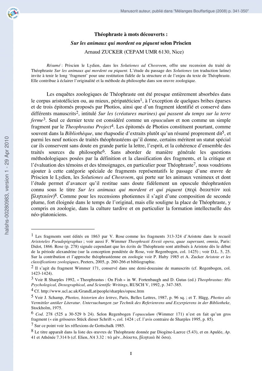 Pdf Théophraste à Mots Découverts Sur Les Animaux Qui