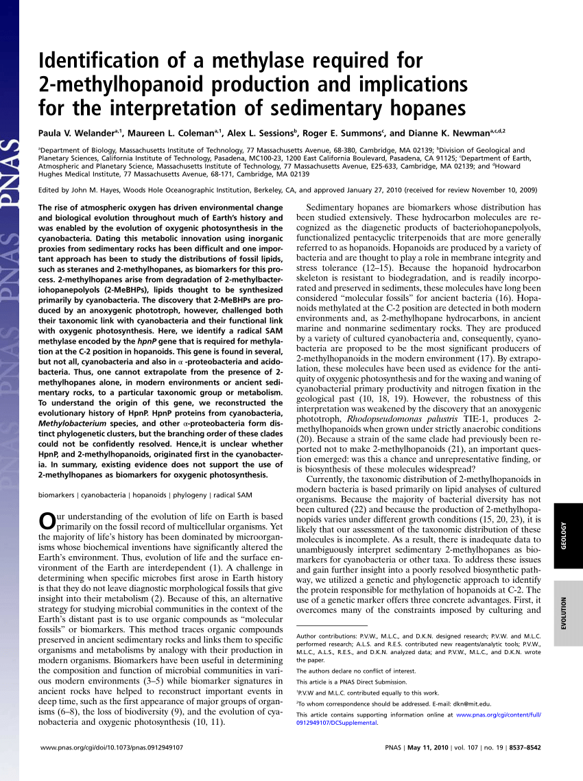 Pdf Welander Pv Coleman Ml Sessions Al Summons Re Newman Dk Identification Of A Methylase Required For 2 Methylhopanoid Production And Implications For The Interpretation Of Sedimentary Hopanes Proc Natl Acad Sci Usa