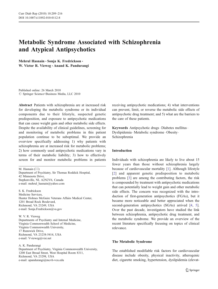 Pdf Metabolic Syndrome Associated With Schizophrenia And Atypical Antipsychotics