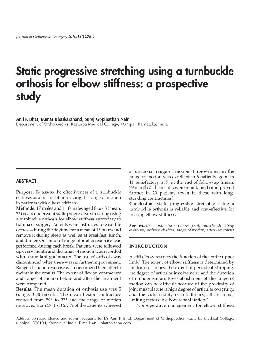 PDF) Static Progressive Stretching Using a Turnbuckle Orthosis for Elbow  Stiffness: A Prospective Study