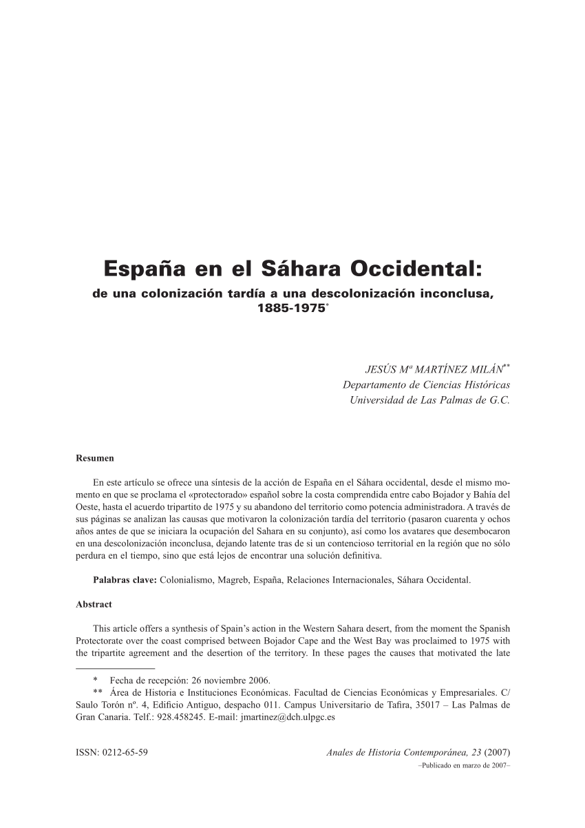 Pdf España En El Sáhara Occidental De Una Colonización Tardía A Una Descolonización 0172