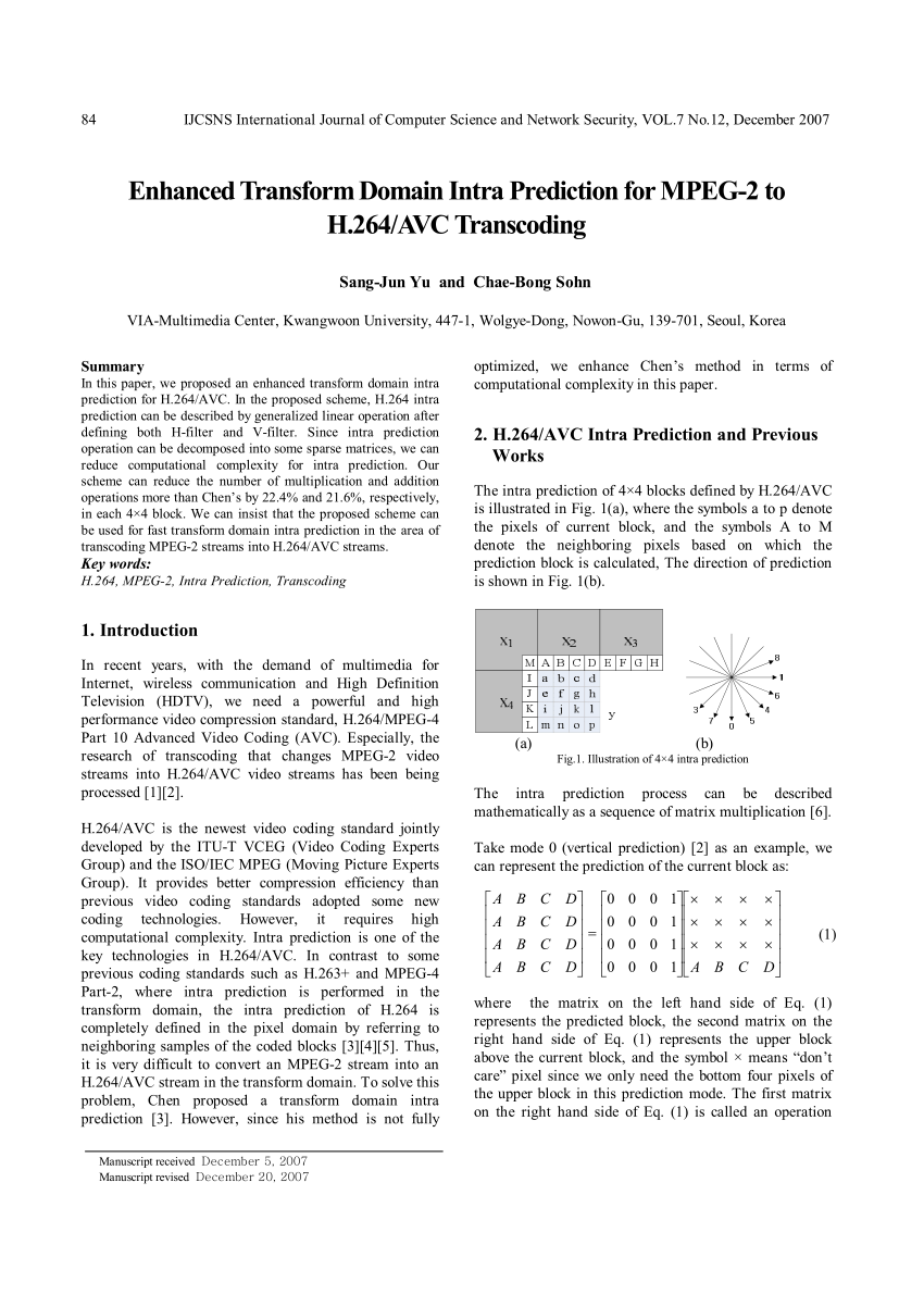 Pdf Enhanced Transform Domain Intra Prediction For Mpeg 2 To H 264 Avc Transcoding